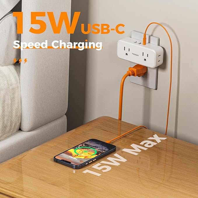Outlet Extender Surge Protector, TESSAN Multi Plug Splitter with 4 Electrical Outlets 3 USB Ports (1 USB C), Multiple Wall Plug Expander for Home Office Kitchen Dorm Room, White