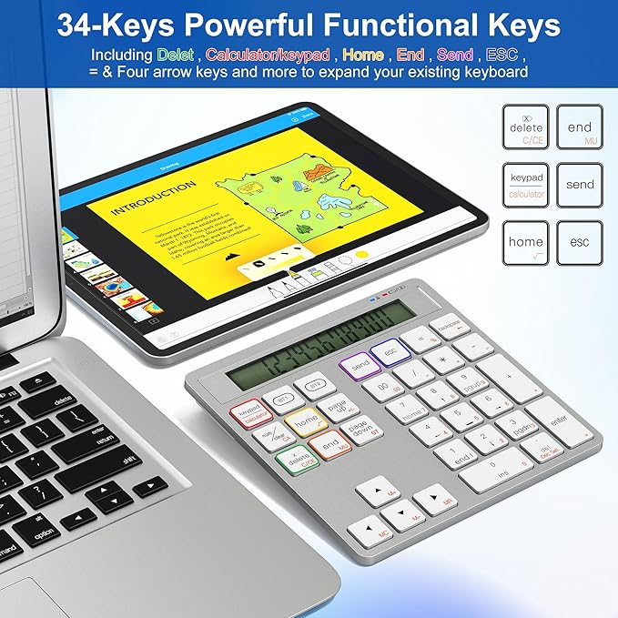 2-in-1 Wireless Number Pad & Calculator, Bluetooth 5.0 Numeric Keypad with USB-C Charging, 34-Key Portable Number Pad for Laptop, MacBook, PC, Windows, iOS & Android Devices
