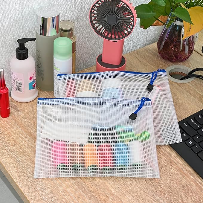 AUSTARK 20 Pcs Zipper File Bags, Plastic Mesh Pouch, Board Game Storage Bag, Waterproof Bags for Office School (A5 Size 9.2''x6.7'', White and Blue)