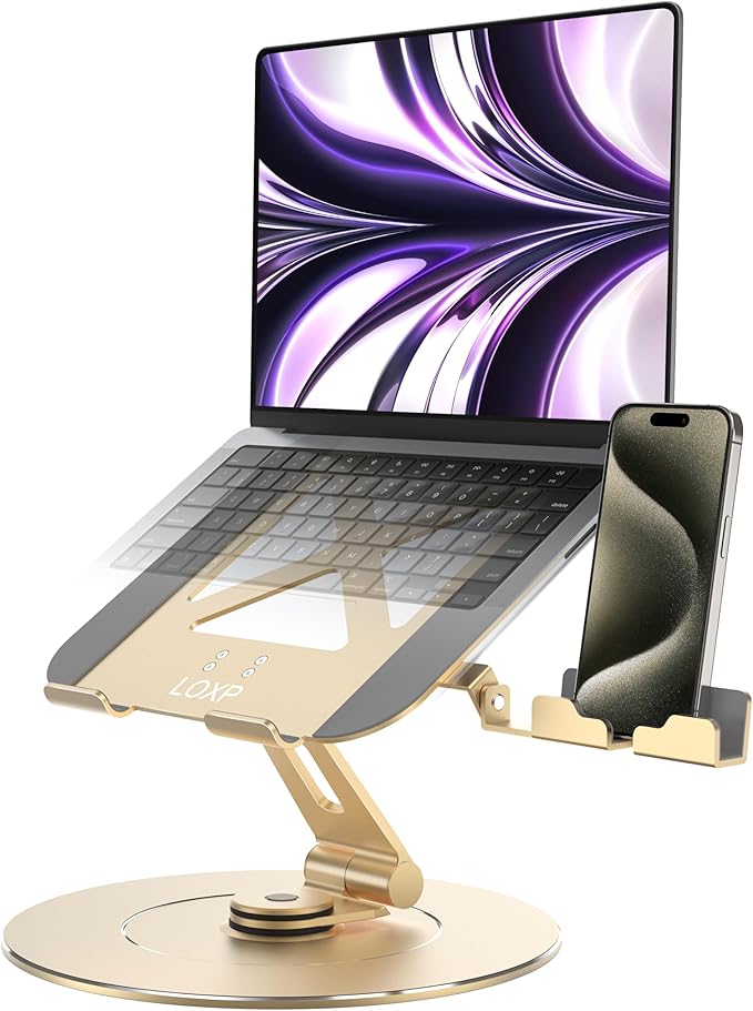Ultra-Stable Aluminumy Swivel Laptop Stand for Desk with Rotating Foldable Phone Holder, 300% Large Base Stability, Anti-Loosening,Suitable for 10"-17.3" Laptops, Champagne Golden