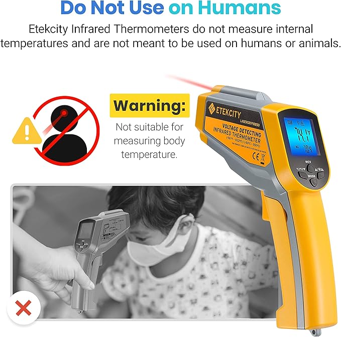 Etekcity Infrared Thermometer 1025D (Not for Human) Dual Laser Temperature Gun-58℉~1022℉ (-50℃~550℃) with Adjustable Emissivity, Non-Contact Voltage Tester (NCV), Standard Size, Yellow & Gray