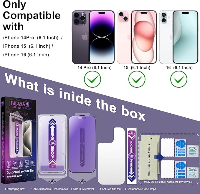2 Pack Anti Blue Light Matte Screen Protector for iPhone 14 Pro/iPhone 15 / iPhone 16, 9H Tempered Glass, Full Coverage, Anti-Fingerprint, Auto Dust-Elimination, No Bubble, Easy Installation