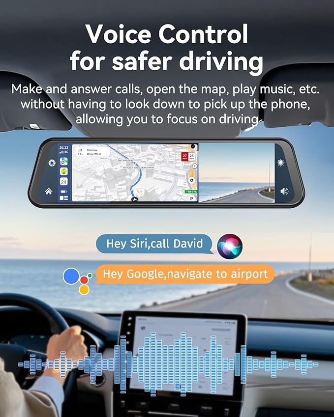 12'' Rearview Mirror Camera with CarPlay&Andorid Auto,4K Mirror Dash Cam Front and Rear Backup Camera with Reverse Assist/Loop Record/G Sensor/Voice Control&Split Touch Screen,64GB Card Included