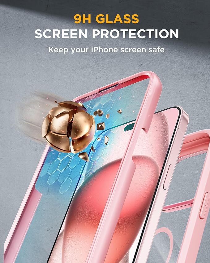 Miracase Glass Series for iPhone 15 Case [Compatible with MagSafe] Full-Body Magnetic Case with Built-in 9H Tempered Glass Anti-Fingerprint Screen Protector + Camera Lens Protector, Pink and Clear