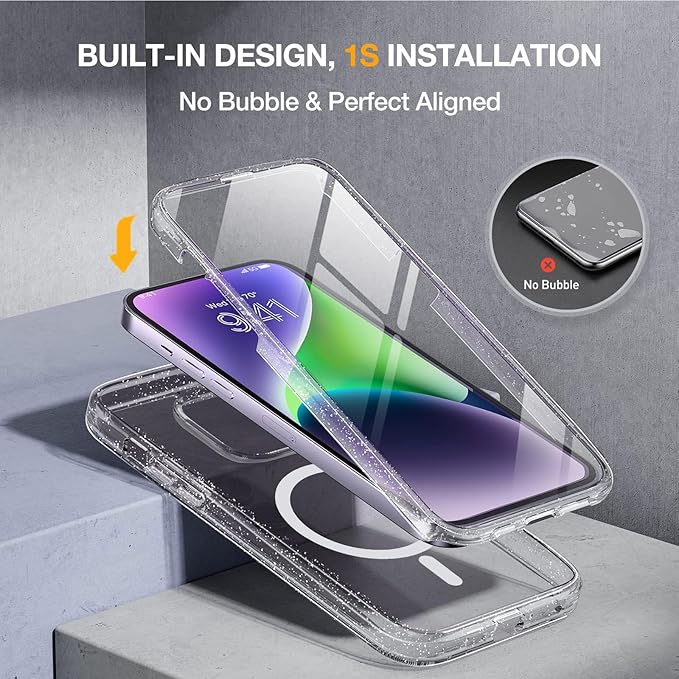 Miracase Magnetic for iPhone 14 Case 6.1", [Built-in Tempered Glass Screen Protector + Lens Protector] [Compatible with MagSafe] Full-Body Protective Bumper 14 Phone Cover, Clear Glitter