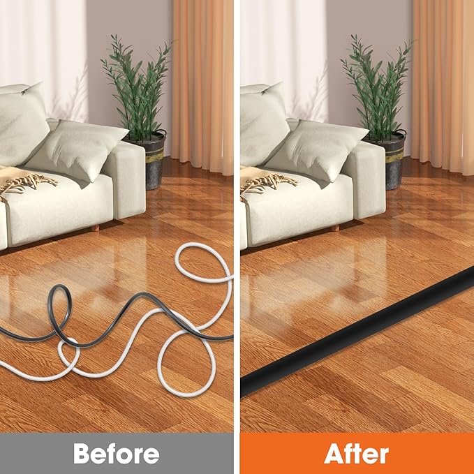 10 FT Floor Cord Cover, Cord Covers for Wires on Floor, Cord Protector, Floor Cable Cover, Hide Extension Cord Covers for Floor, Cable Cavity: 0.47" (W) x 0.29" (H), Black