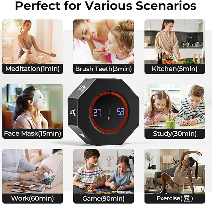 Rechargeable Pomodoro Timer, 8-Angle Auto-Rotating Screen with Gravity Sensor, Digital Timers for Classroom, Small Kitchen Timers for Cooking, Work and Study (Space Gray)