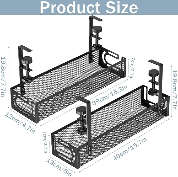Cable Management, 2 Pack Cable Management Under Desk No Drill, Metal Cord Organizer with Clamp for Standing Desk, Cable Organizer for Home Office, Black