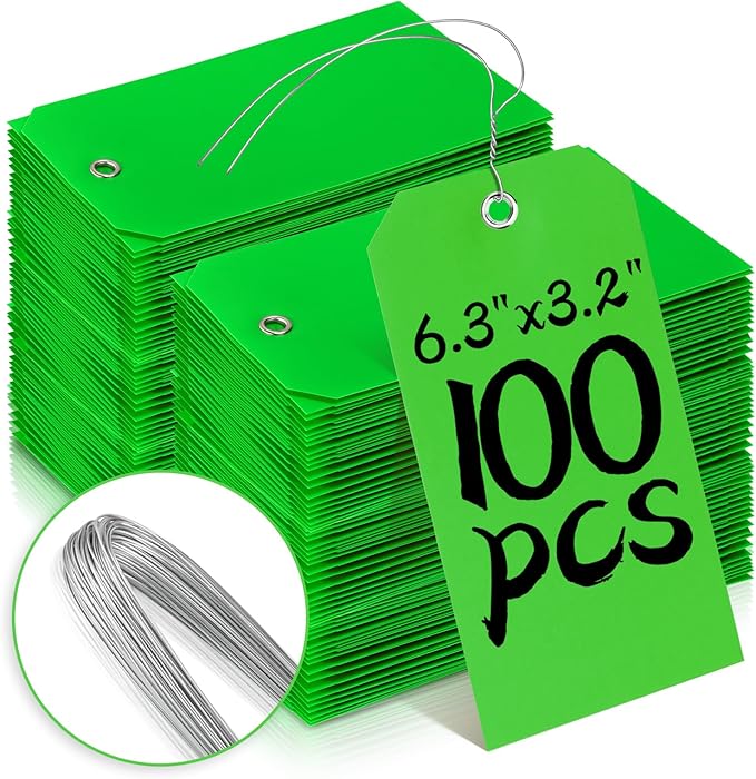 100 Pcs Tags with Wire Shipping Tags with String Write On Stacking Service for Equipment Inventory Storage Parts Valve Car (Green, 6 1/4" x 3 1/8")
