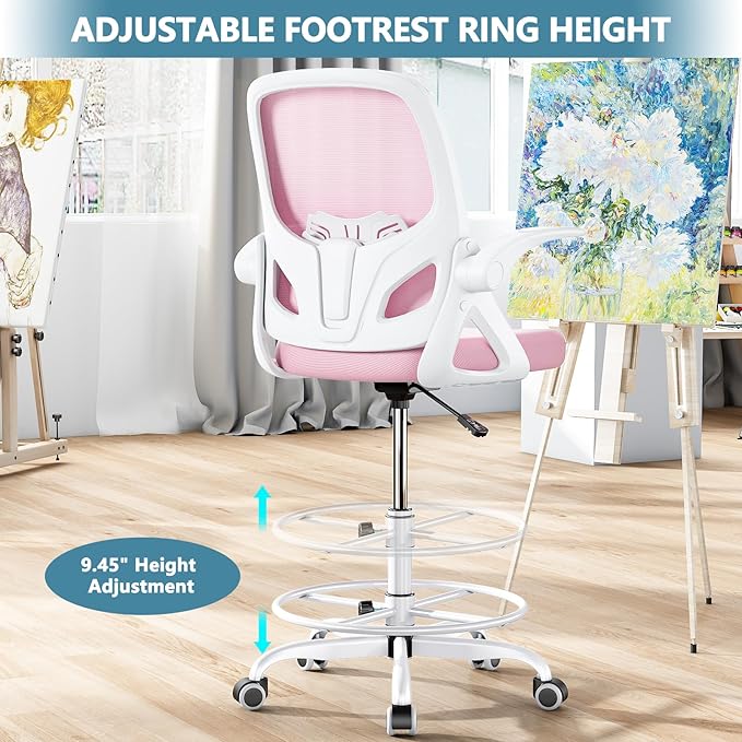 Tall Drafting Chair with Footrest Ring for Home and Work, Ergonomic Home Desk Office Chair with Flip up Arms and Lumbar Support, Extended Height Executive Desk Office Chair(Pink)