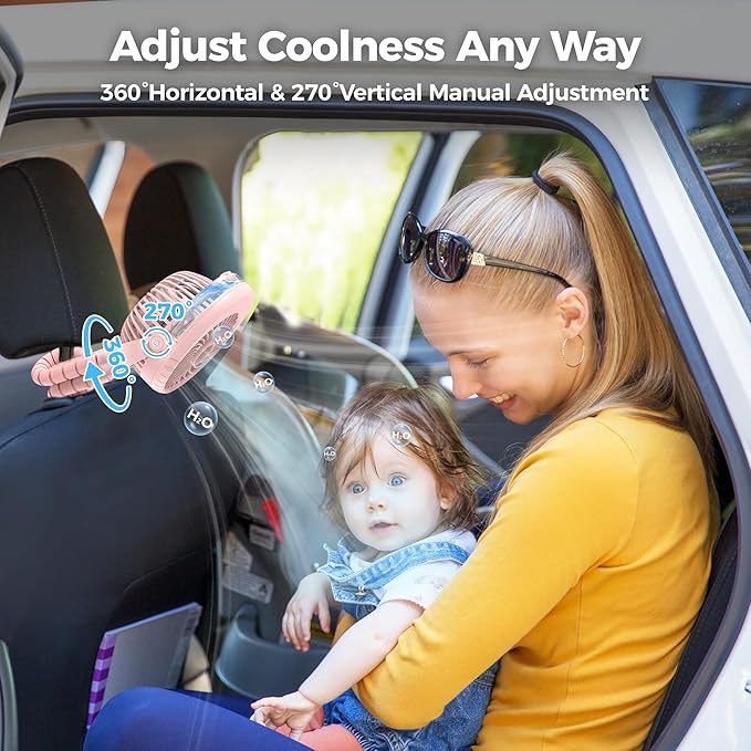 2025 Upgarded 4000mAh Misting Baby Stroller Fan, Rechargeable Battery Operated,Max 15Hrs Cooling,50ml Portable Water Sprayer Misting Fan with Flexible Tripod Clip on Car Seat Crib Treadmill Bunk Bed