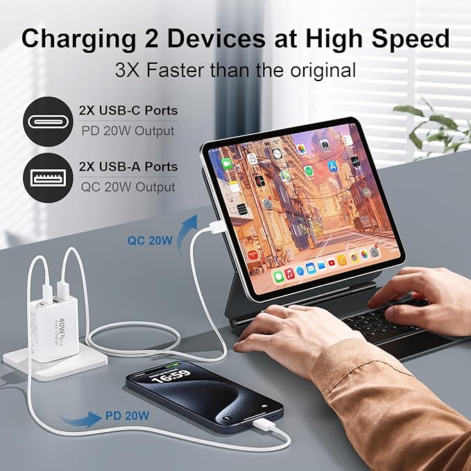 40W USB C Charger Block for iPhone 17/17 Pro/17 Pro Max/Air/16/16 Pro/16 Pro Max/16 Plus/15/15 Pro Max/14 13 12 11 Pro Max XS XR X, 4-Port PD+QC Multiport Power Adapter Type C Fast Charging Brick Cube