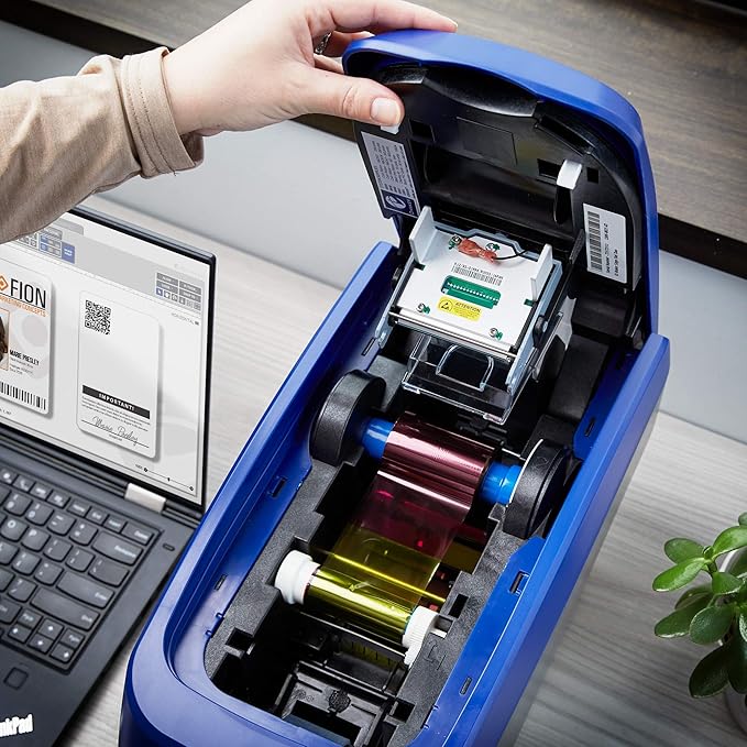ID Maker Card Edge 2 Sided Printer Machine & Supply Kit for Badge Printing - Print Professional Quality Identification Badges - IDMaker Software, 200-Print Color Ribbon, 100 PVC Cards