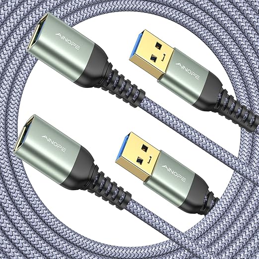 AINOPE 2 Pack USB Extensions Cable High Speed USB 3.0 Extension Cord Type A Male to Female Sturdy Braided Material Fast Data Transfer Compatible with USB Keyboard,Mouse,Flash Drive,Grey,16FT+16FT