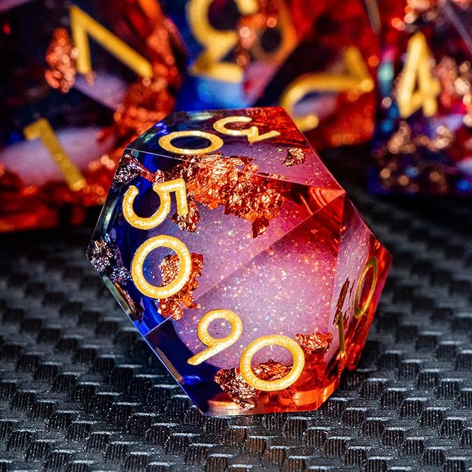 ARUOHHA Liquid Core DND Dice Set, 7pcs Resin Sharp Edged Dragons Dice Compatible with D&D Role Playing Games, RPG Golden Numbers Blue Red Dungeons Polyhedral D and D Dice with Gift Box D20 D10 D6