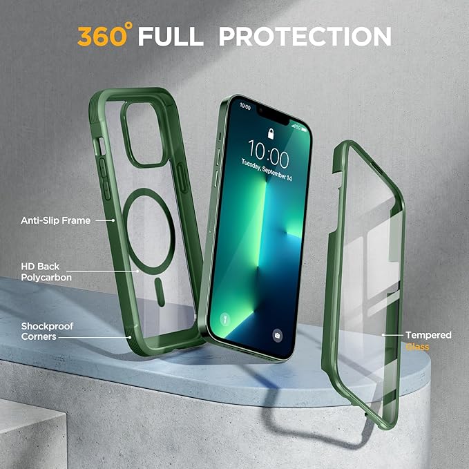 Miracase Magnetic Glass for iPhone 13 Pro Case,Compatible with MagSafe,Full-Body Bumper with Shockproof Military-Grade,Built-in 9H Tempered Glass Screen Protector for iPhone 13 Pro,Acacia Green