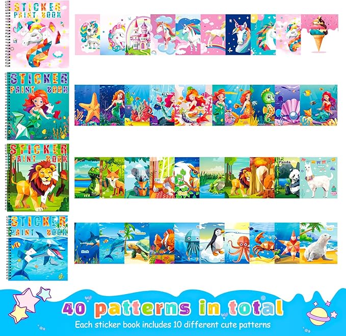 homicozy 4PCS Sticker Paint Books for Kids Ages 4-10,Unicorn Mermaid Animals Designs Paint by Stickers,Sticker by Numbers,Party Birthday Gifts for Girls 4-10,Create 40 Pictures One Stickers at A Time