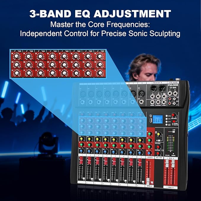 8 Channel Audio Mixer, Professional Music Mixer Board DJ Mixing Console with Bluetooth, USB/MP3 Player, Reverb, and 48V Phantom Power for Studio Recording, Karaoke, and Live Performances