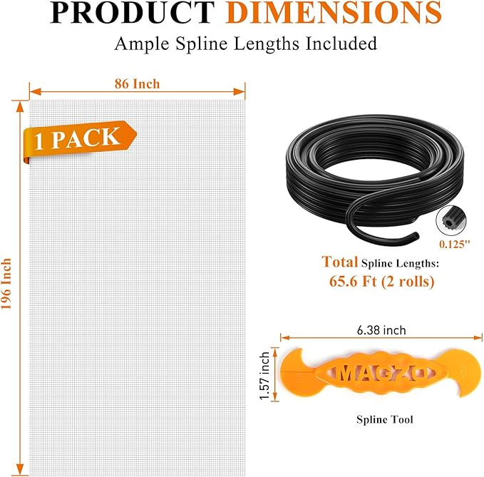 MAGZO Window&Door Screen Replacement Kit, 86" W x 196" L, with Retainer Spline(Total 65.6 FT) and Press-Fit Roller Tool, Polyester Scratch-Proof, Adjustable Mesh for Windows&Doors&DIY Projects, Grey