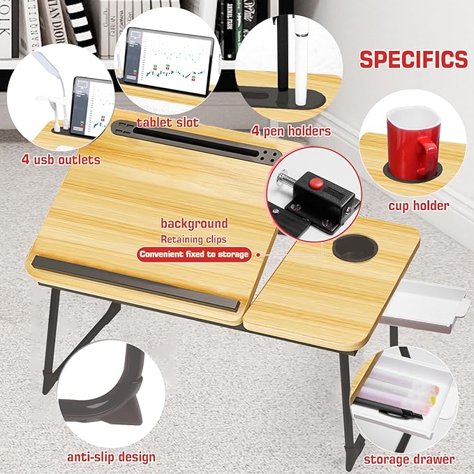 CloudTrip Plus XL Adjustable Laptop Desk with Light, USB Port, iPad Holder, Drawer Storage - Larger 23.6IN Adjustable Lap Desk for Bed, Home Office, Breakfast Tray, Fordable Legs Desk (Walnut)