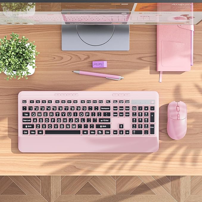 Silent Wireless Keyboard and Mouse Combo - Keyboard with Large Print Cover, 2.4GHz Full-Sized Ergonomic Keyboard with Wrist Rest and Mouse for Laptop, PC, Notebook, Desktop