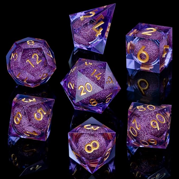 ARUOHHA DND Liquid Core Dice, 7pcs Resin Sharp Edged Dice Set RPG Translucent Polyhedral D and D Dice, Role Playing Dice Set D20 D12 D10 D8 D6 D4 with Gift Box