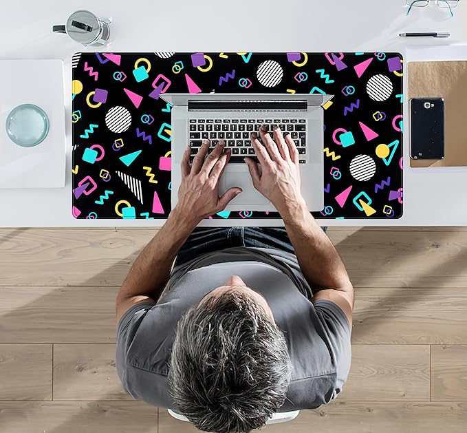 Retro 80s Desk Mat, Cute 90s XXL Large Gaming Mouse Pad, Black Boho Desk Pad with Stitched Edges, Computer Laptop Keyboard and Mouse Mat, Aesthetic Office Decor Non-Slip Mosuepad, 31.5x15.75 in