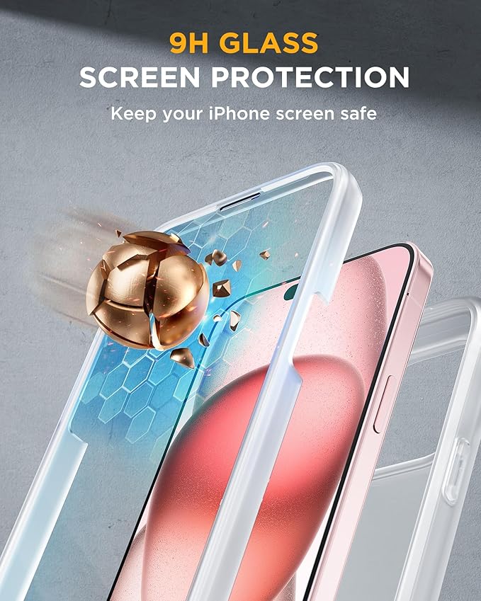Miracase Glass Series Designed for iPhone 15 Plus Case 6.7',Full-Body Military Drop Proof 15 Plus Phone Case Cover with Built-in 9H Tempered Glass Screen Protector,Frosted Clear