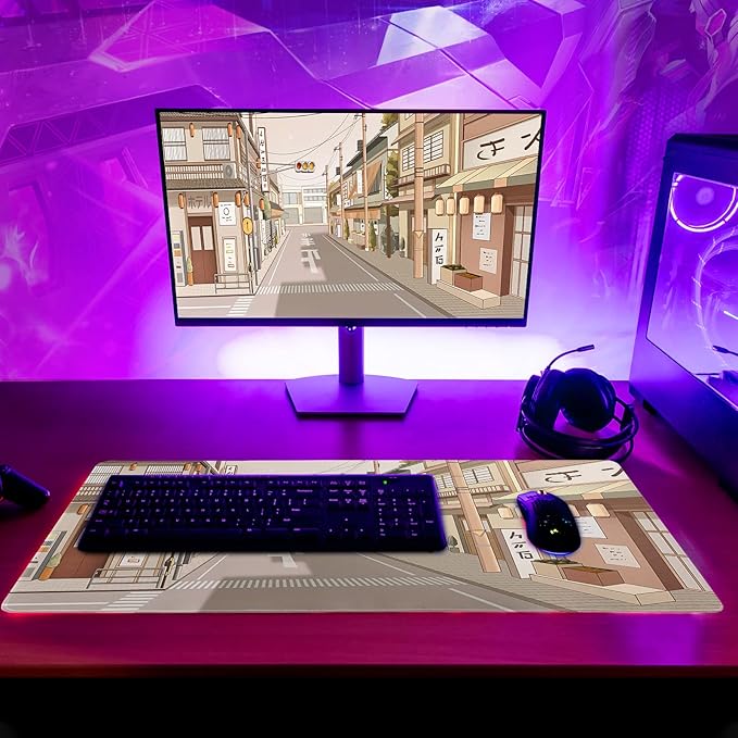 Tokyo Street Mouse Pad Anime Japanese Desk Mat Kawaii Large Gaming Mousepad XL Beige Cute Mousepad Gaming Non-Slip Rubber Base Stitched Edges Keyboard Mouse Mat Desk Pad for Office Home and Game