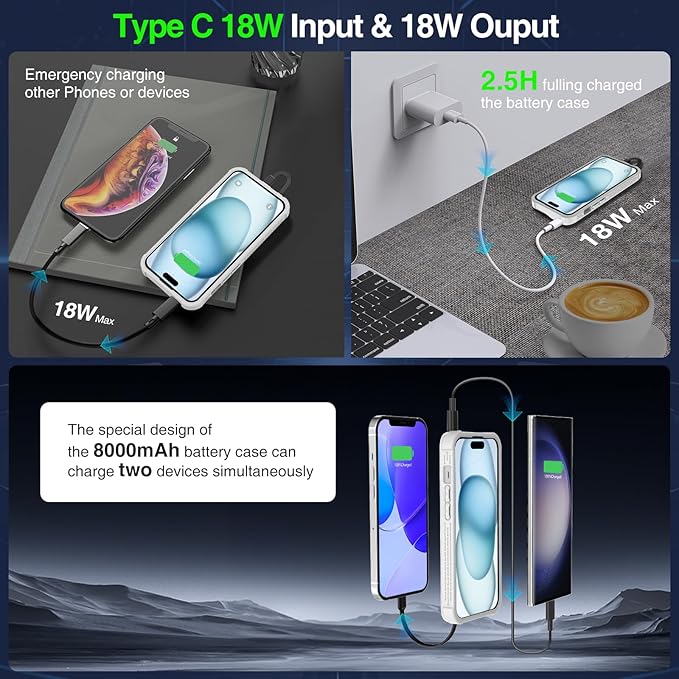 GIN FOXI Fast Charging Battery Case for iPhone 15 Pro Max/15 Plus, 8000mAh 15W Ultra Slim Charger Case Rechargeable Portable Extended Power Bank Case Cover Battery Pack Built-in Cable, Grey(6.7”)