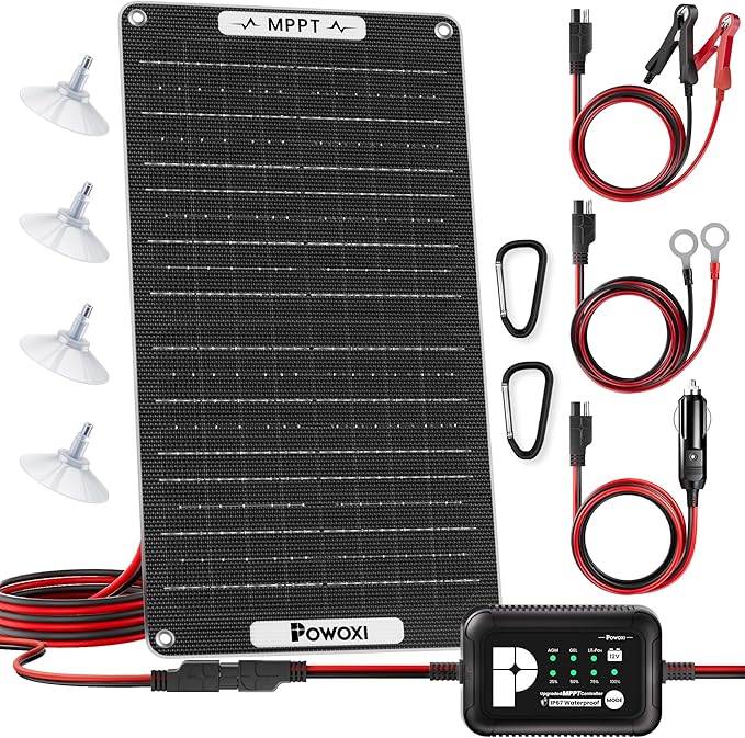 POWOXI 15W Solar Battery Charger: 12V Solar Car Battery Trickle Maintainer - with MPPT Controller Parameter Adjustable - for RV Boat Marine Motorcycle Trailer Truck Tractor - Solar Panel Kit