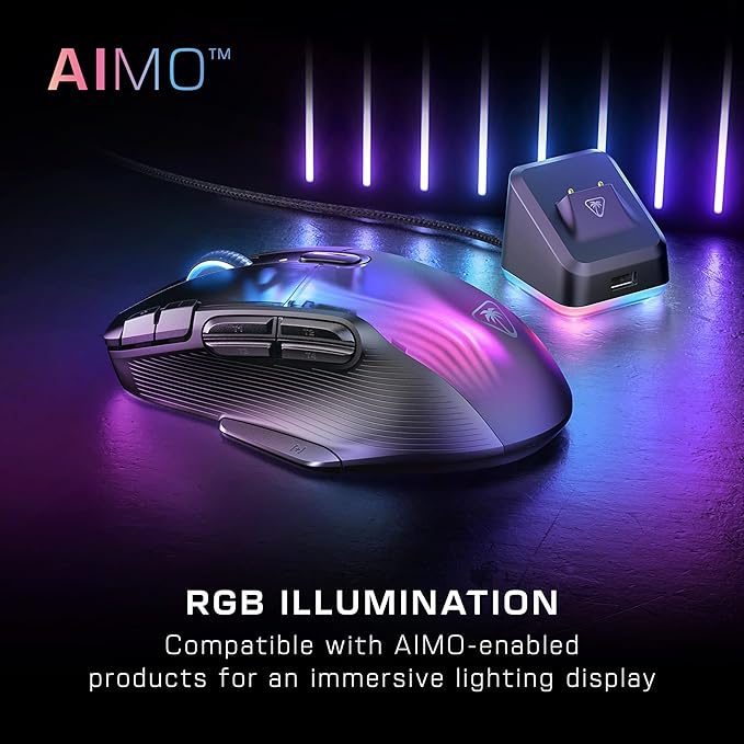 Turtle Beach Kone XP Air Wireless Customizable Ergonomic RGB Gaming Mouse, Bluetooth, 19K DPI Optical Sensor, 100-hour Battery & Charging Dock, 29 Programmable Inputs & RGB Lighting, 4D Wheel – Black