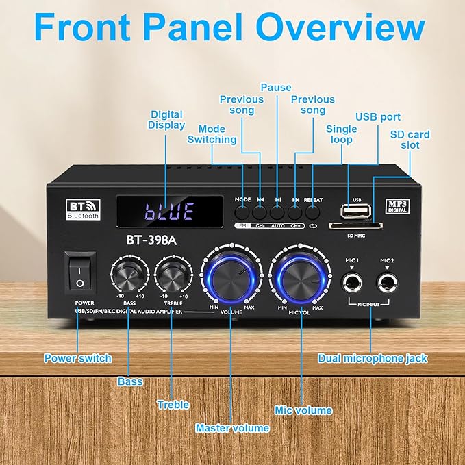 Romica Stereo Audio Amplifier, 2 Channel 450W x2 Bluetooth 5.0 Home Theater Power Amplifier with FM Radio, USB, SD, Optical & Coaxial Inputs, Amplifier for Passive Speakers and Active subwoofer
