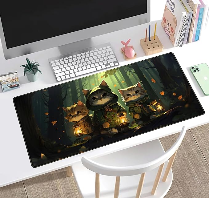 Forest Cats Desk Mat Anime Cat Desk Pad Cute, Kawaii Green Mouse Pad XXL, Large Extended Gaming Mousepad Keyboard Mouse Mat with Stitched Edges, Home Office Decor Pad for Women Girl 31.5x15.75 in