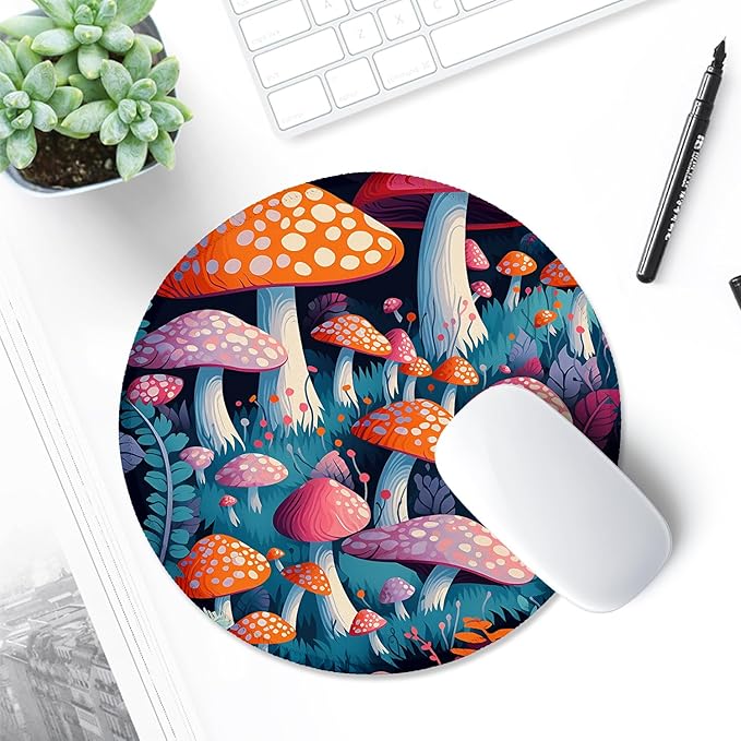 ITNRSIIET Round Mouse Pad with Stitched Edge Premium-Textured Waterproof Non-Slip Rubber Base Desktop Protection Mat Diameter 8.7 inches, Pretty Mushroom