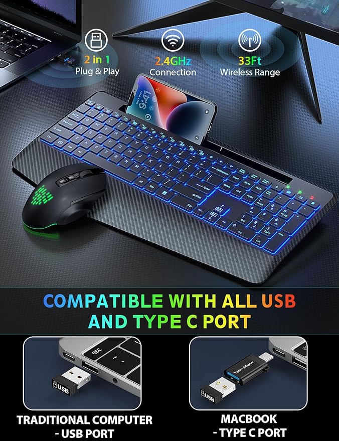 Wireless Keyboard and Mouse Backlits, Wrist Rest, LED Mouse, Rechargeable Ergonomic Keyboard with Phone Holder, Silent Light Up Combo for Computer, Mac, PC, Laptop, Chromebook (Black)