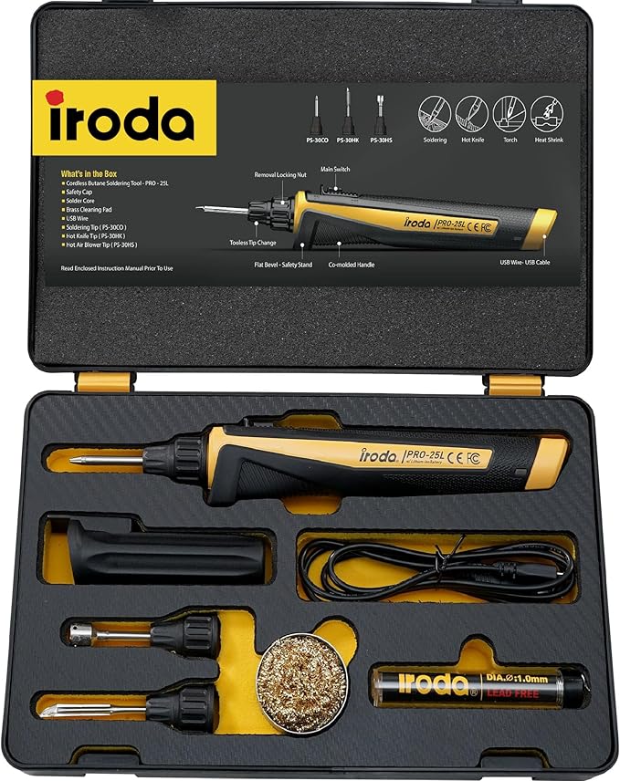 Iroda SolderPro 25LK Battery Soldering Iron Kit, Pro Grade 30W Type C USB Rechargeable Soldering Iron | 3200mAh Japanese Battery | LED Spotlight, With 3 Tips & Case