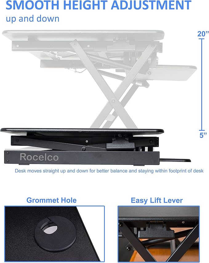 Rocelco 38" Large Height Adjustable Standing Desk Converter - Quick Sit Stand Up Dual Monitor Riser - Gas Spring Assist Tabletop Computer Workstation - Retractable Keyboard Tray - Black (R DADRB-38)