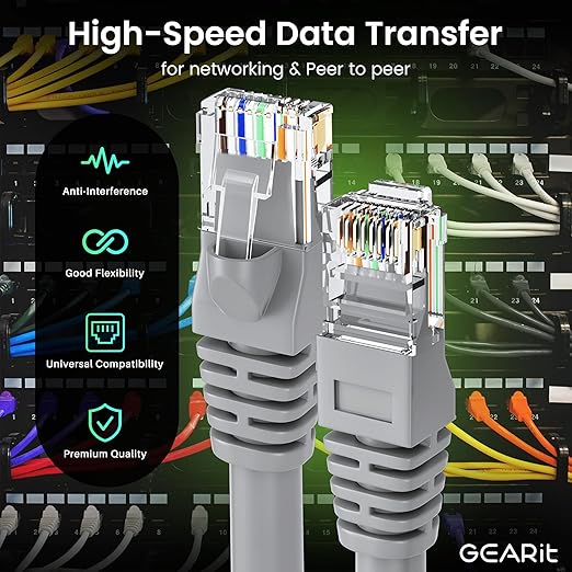 GearIT Cat 6 Ethernet Cable (24-Pack 3 Feet) Cat6 Network Patch, 10Gbps, RJ45, Snagless Cord, Gold-Plated Connectors, Internet for PC, TV, Tablet, Router, Printer, Servers, IT Data Center - Gray