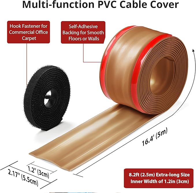 ZhiYo 8.2ft Cord Cover Floor, PVC Cord Covers for Wires on Floor, Soft Floor Cable Cover Cord Hider, Floor Cable Management Cable Protector for Commercial Office Carpet/Floors/Wall Light Brown