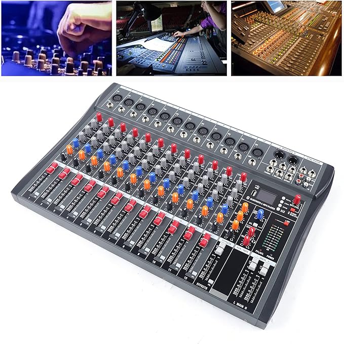Pro 12 Channels Live Audio Mixer Bluetooth USB DJ Sound Mixing Console with 3 Stage Equalization Regulate 6 Modes Of Music for Family Ktv,Campus Speech,Meeting