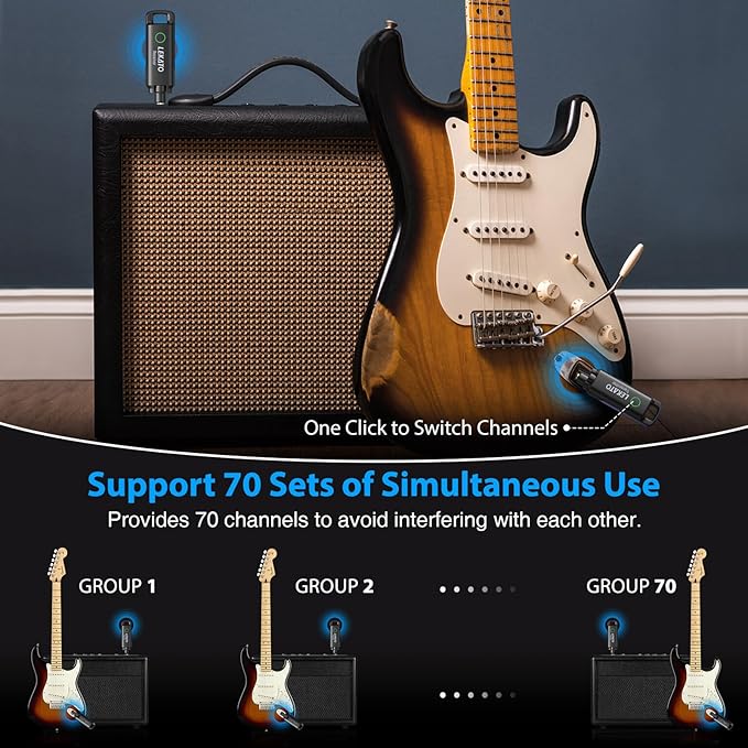 LEKATO Wireless Guitar System UHF Wireless Guitar Transmitter Receiver Rechargeable Audio Wireless Guitar Transmitter and Receiver with 70 Channels Wireless for Guitar Bass Electric Instruments (Blue)