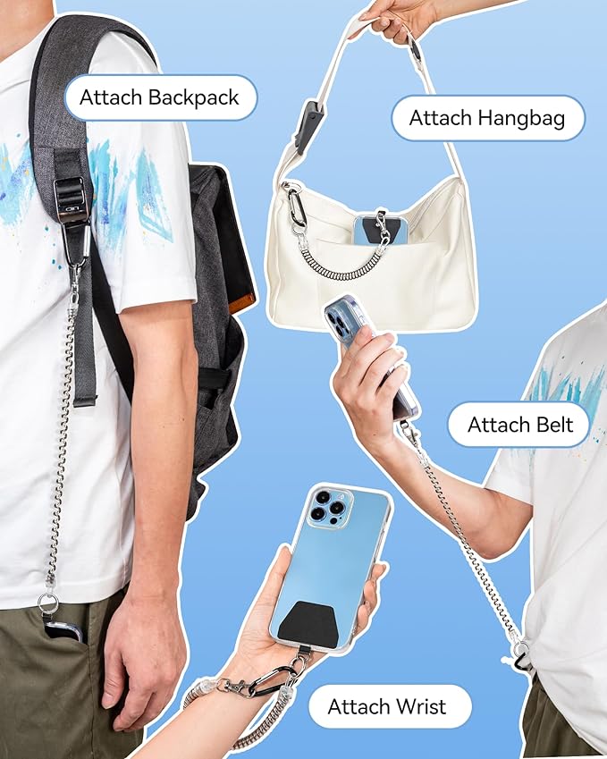 Phone Tether Lanyard, SHANSHUI Strong Spring Rope Climbing Hook, 4x Phone Tether Tabs Free Your Hand Anti Theft Phone Strap for All Smartphones for Outdoor Cycling Climbing Skiing Hiking - 2PCS Sliver