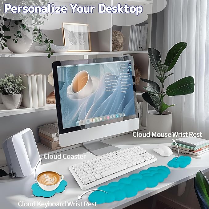 Cloud Wrist Rest Keyboard, Cloud Keyboard Wrist Pad Set with PU Leather Memory Foam, Cute Arm Rest for Palm Support, PC/Gaming Desk Accessories/Office Setup/Computer Hand Cushion - Scuba Blue