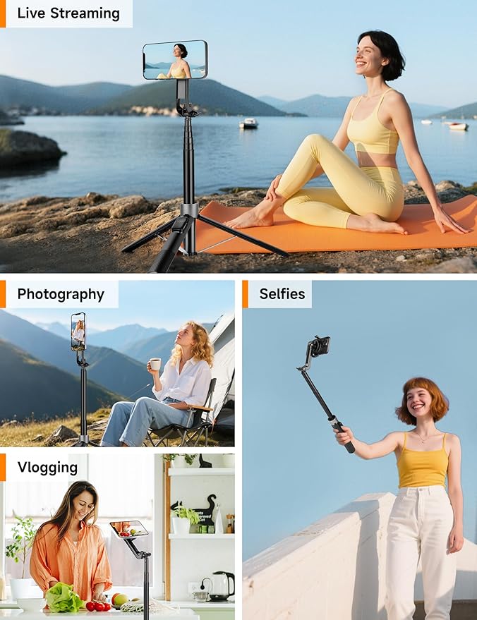 Magnetic Phone Tripod, 70" Selfie Stick Tripod for iPhone Magsafe with Rechargeable Remote & 2 in 1 Magnetic Holder, Portable Cellphone Stand for Recording Travel, Compatible with iPhone and Android