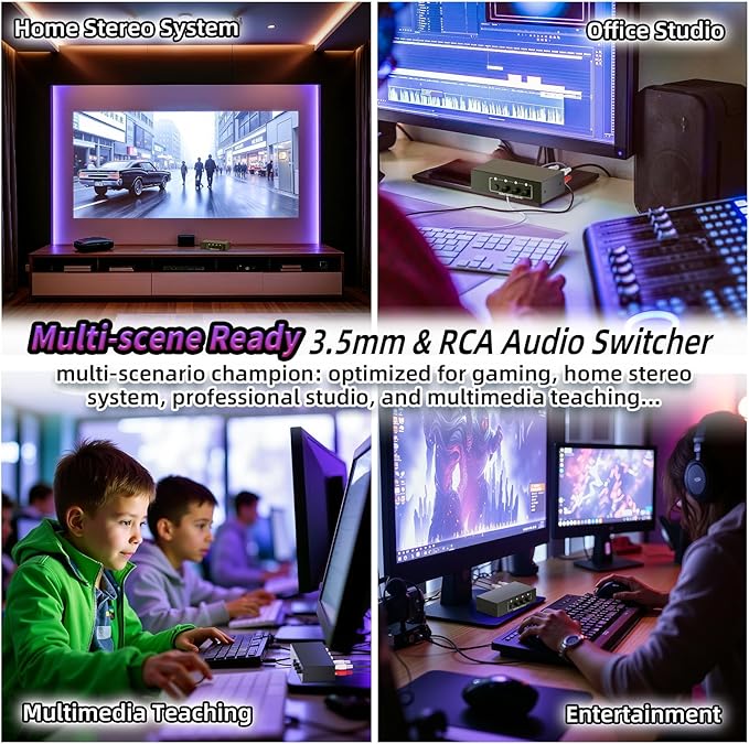 3.5mm Aux + RCA L/R Audio Switch Box 4 in 1 Out Bidirectional, BolAAzuL Stereo Audio Switcher Selector 4X1 Passive a/b Analog Audio Selector No Power Need