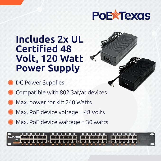 PoE Texas 24 Multi Port PoE+ Injector with 48v 240w Power Supplies - 10/100/1000 Gigabit Passive Power Over Ethernet Means Versatility - 30W PoE Injector for WiFi Access Point, PTZ Camera, IP Phone
