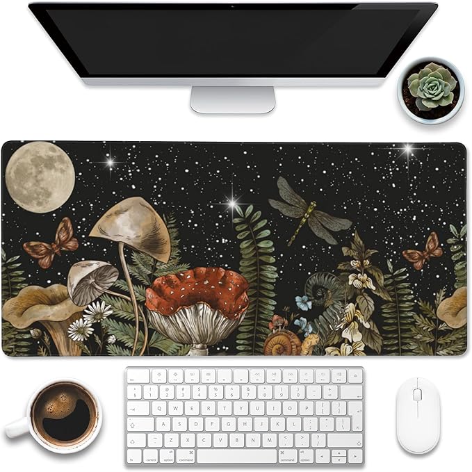 Large Gaming Mouse Pad for Desk,Cute Forest Mushroom Desk Mat,Starry Night Mushroom Desk Pad,Extended Big Computer Keyboard Mouse Pad with Non-Slip Base and Stitched Edge,35.4"x15.7"