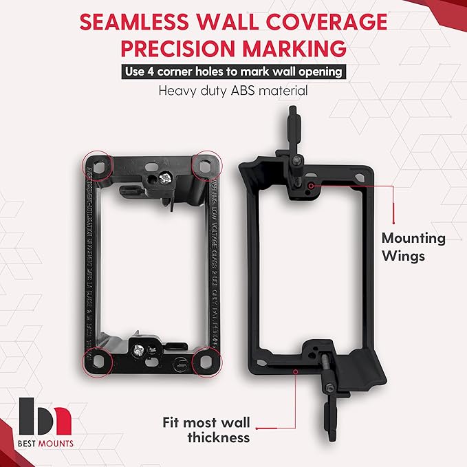 BestMounts - 1 Pack In Wall Cable Management Kit - Recessed Wall Plate Cable Pass Through Pair with Single Gang Low Voltage Mounting Bracket - TV Cord Hider for Wall Mounted TV ETL Listed