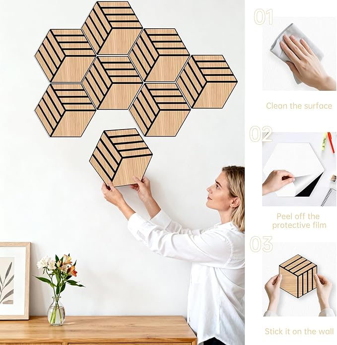Mollywell Hexagon Acoustic Panels, Natural Oak TW4, 14x12x0.4 Inch, 12 Pack |Wood Veneer|High Density Sound Proofing Wall Panels|Self Adhesive Sound Dampening Felt Wall Tiles|Home Theater|Gaming Room|